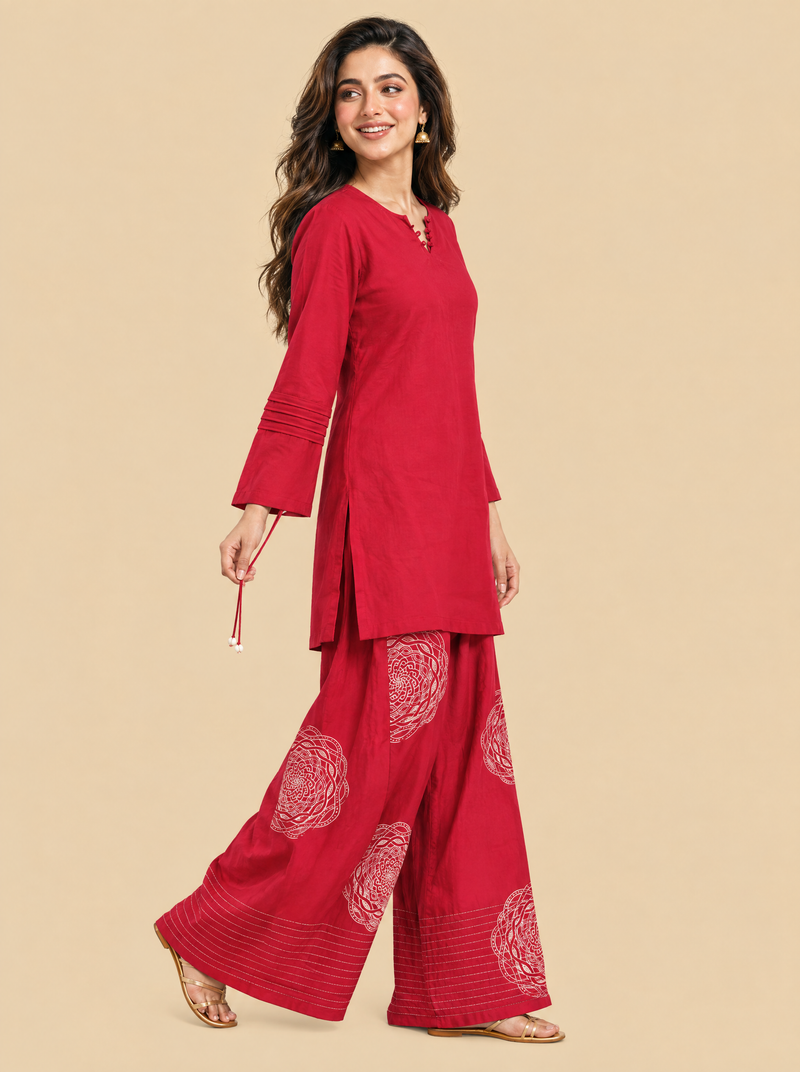 Bohemian Geometric Raw Silk Co-ord Set with Flared Pants