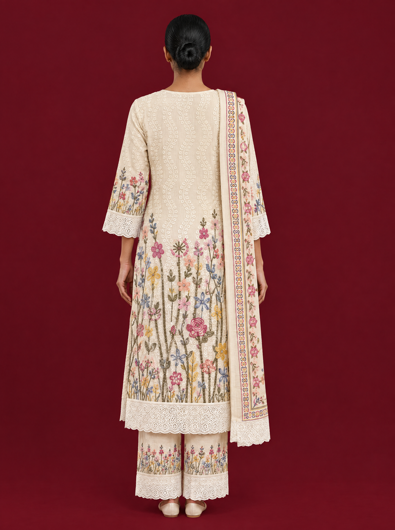 Sequin Embellished Floral Cotton Suit Set with Wide Leg Pants