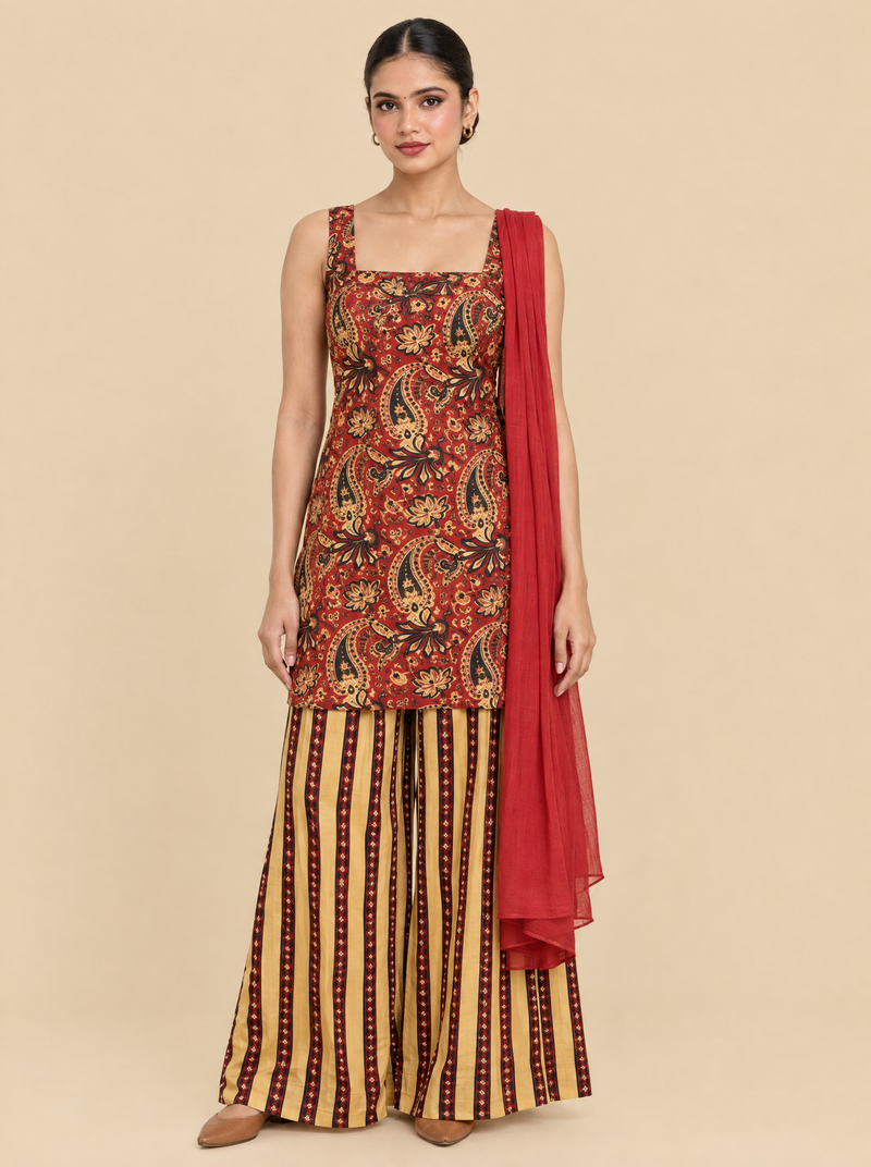 Sleeveless Printed Cotton Kurta Set with Striped Pants and Dupatta