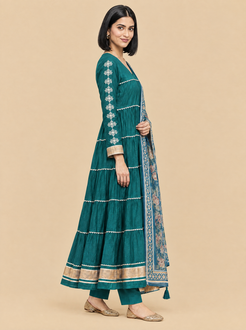 Gota Work Tiered Rayon Kurta Set with Straight Pants and Dupatta