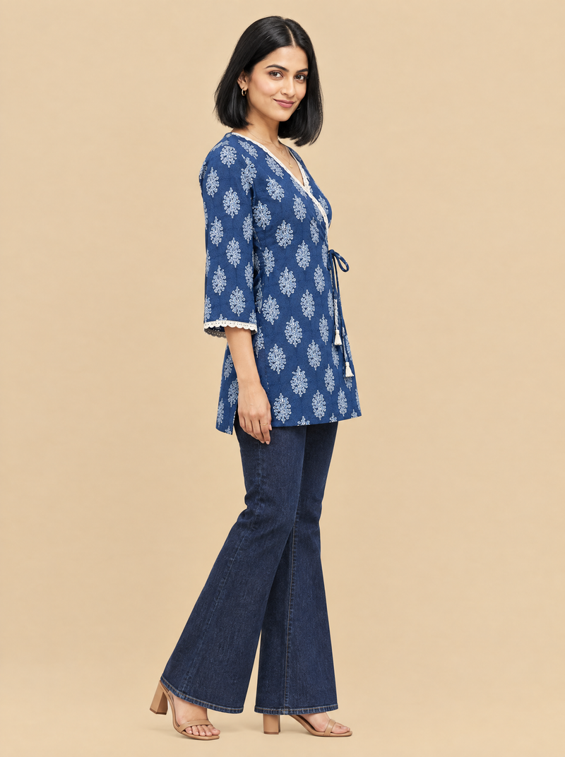 Indigo Floral Cotton Angrakha Style Top