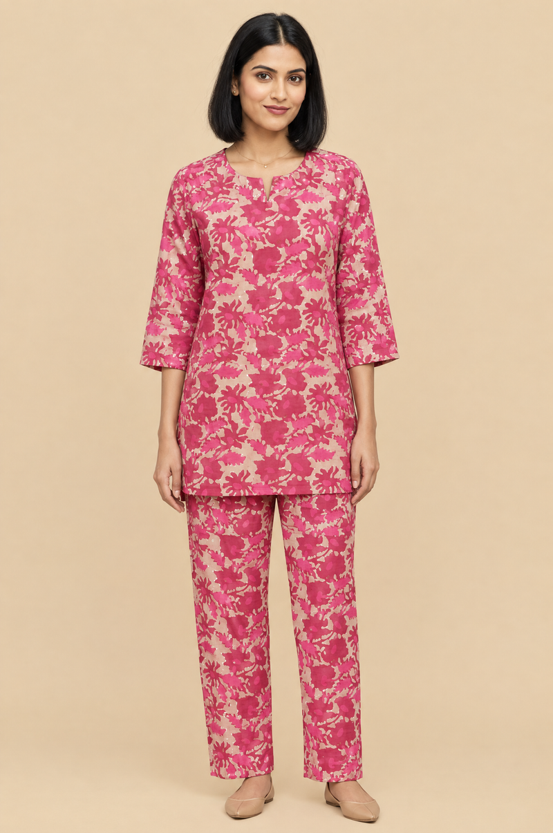 Floral Print Cotton Office Co-ord Set with Straight Pants