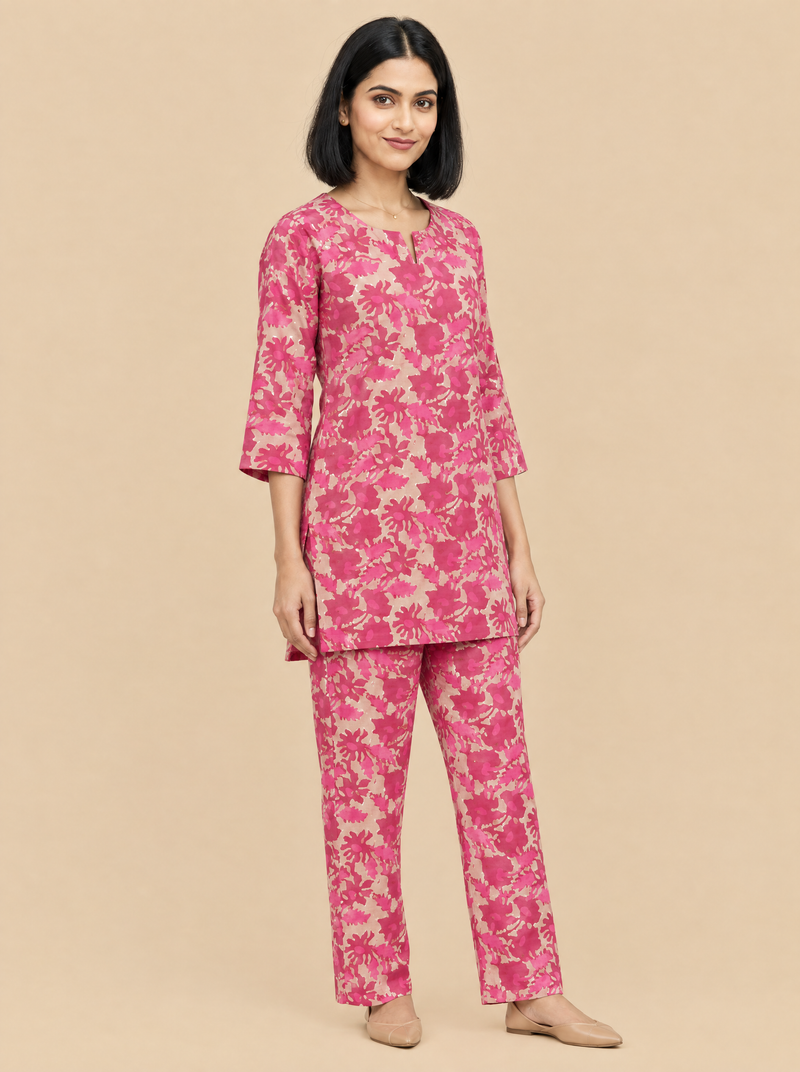 Floral Print Cotton Office Co-ord Set with Straight Pants