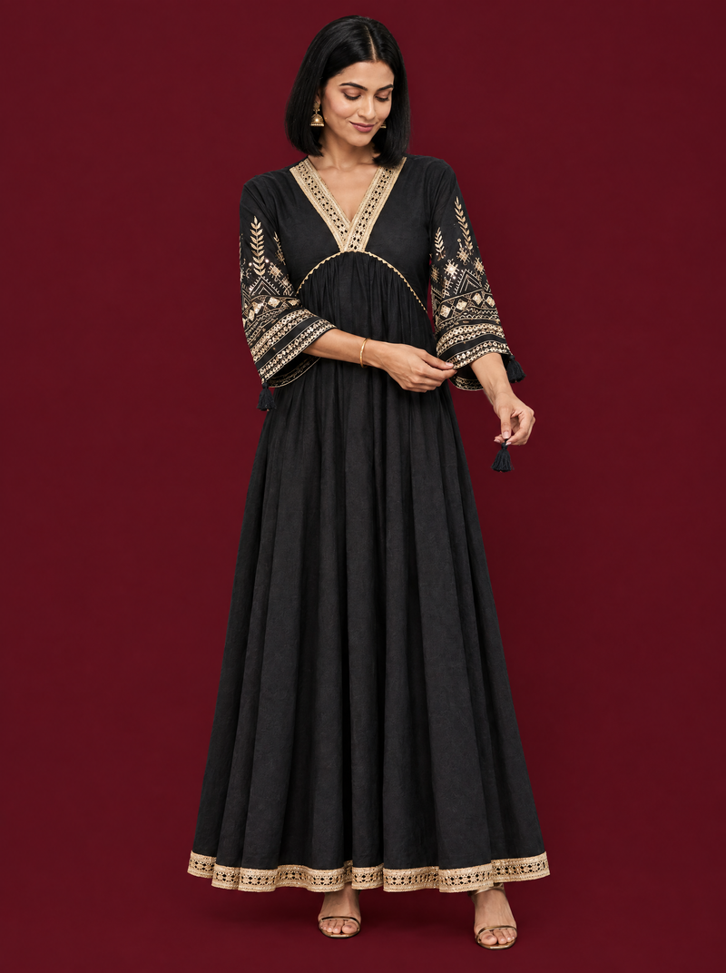 Black Cotton Panelled Dress with Lace V Neck and Tassels