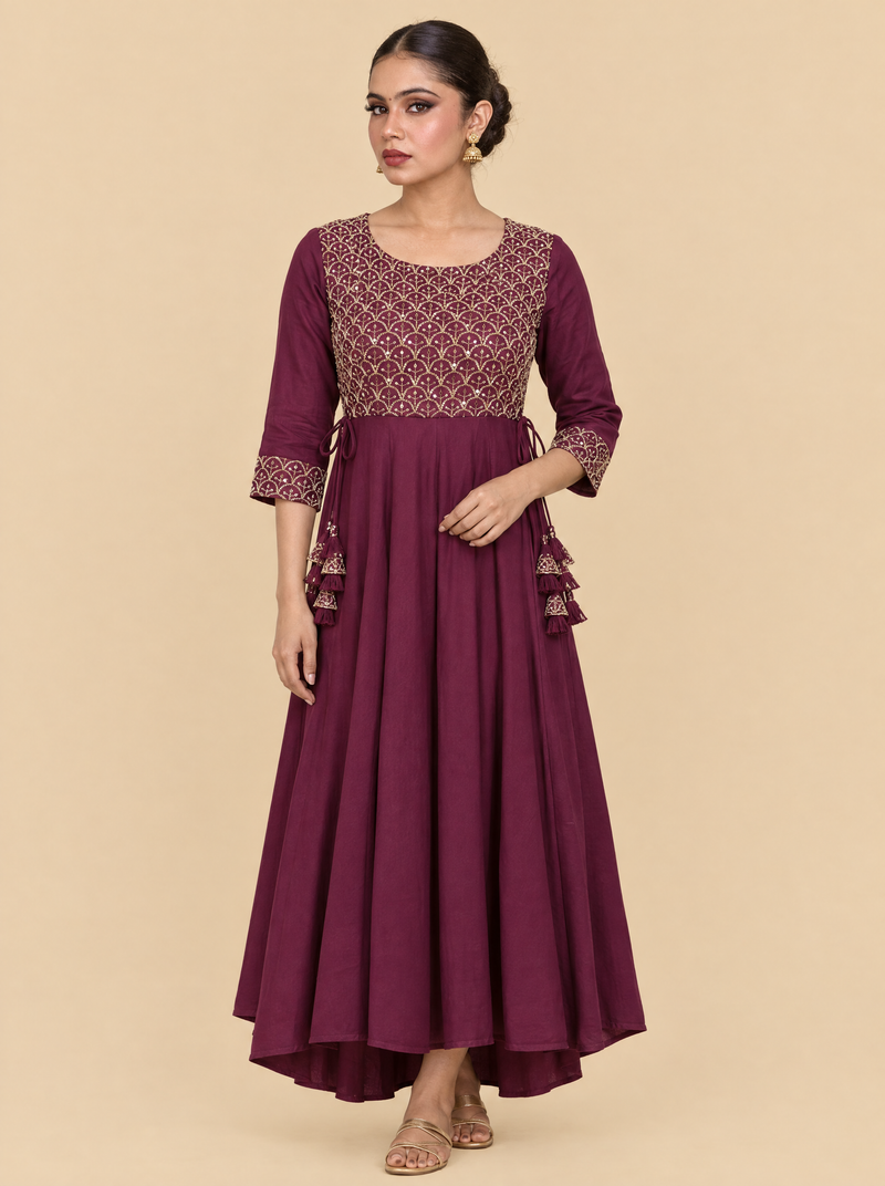 Zari Embroidered Burgundy Rayon Festive Dress