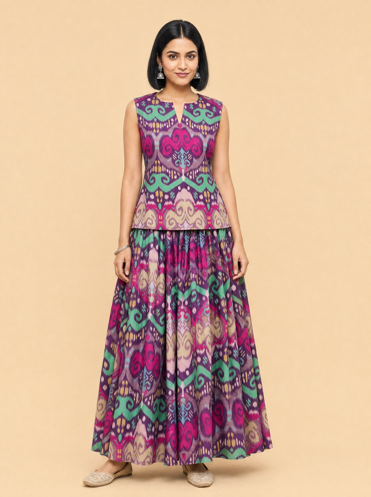 Ikat Print Mul Satin Co-ord Set with Flared Skirt