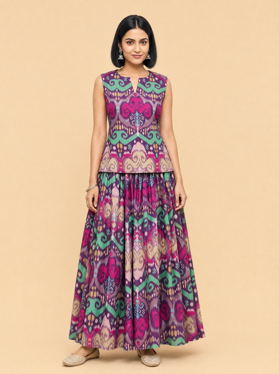 Ikat Print Mul Satin Co-ord Set with Flared Skirt