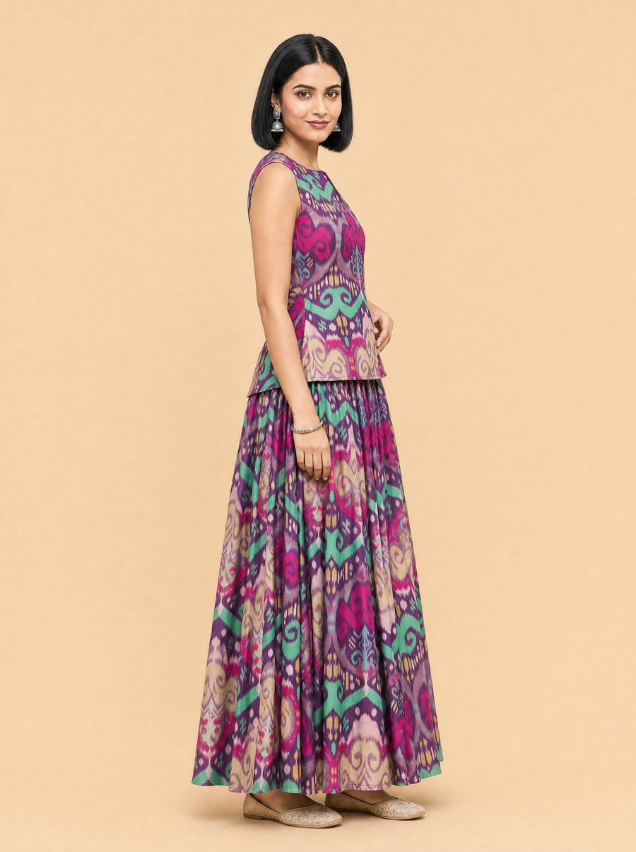 Ikat Print Mul Satin Co-ord Set with Flared Skirt