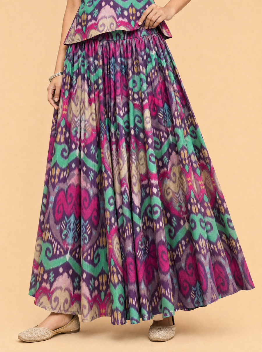 Ikat Print Mul Satin Co-ord Set with Flared Skirt