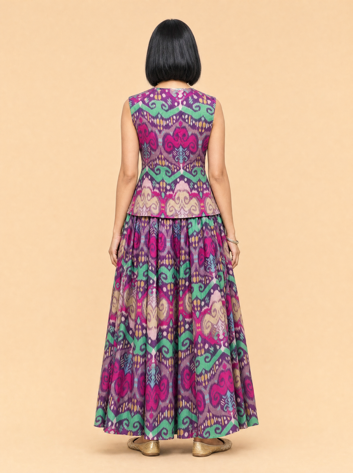 Ikat Print Mul Satin Co-ord Set with Flared Skirt