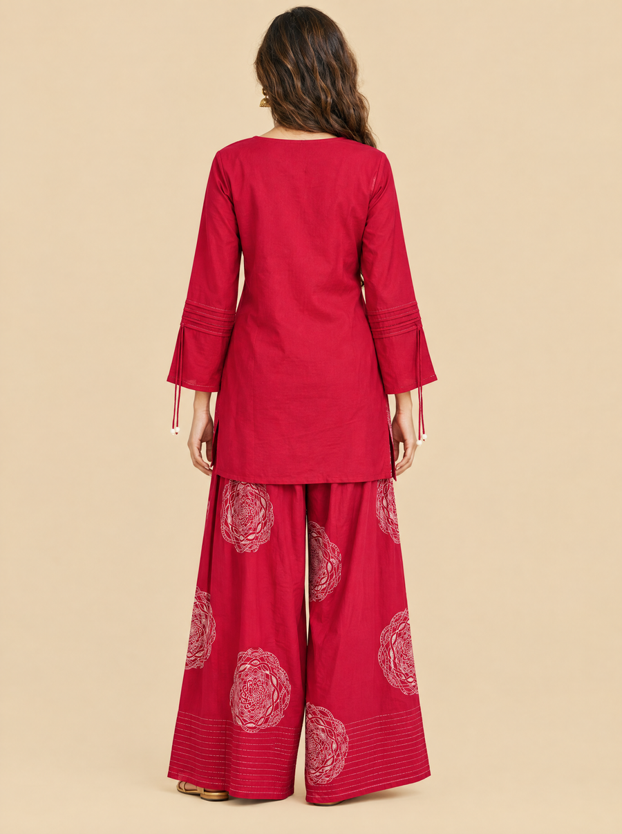 Bohemian Geometric Raw Silk Co-ord Set with Flared Pants
