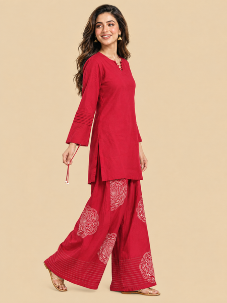 Bohemian Geometric Raw Silk Co-ord Set with Flared Pants