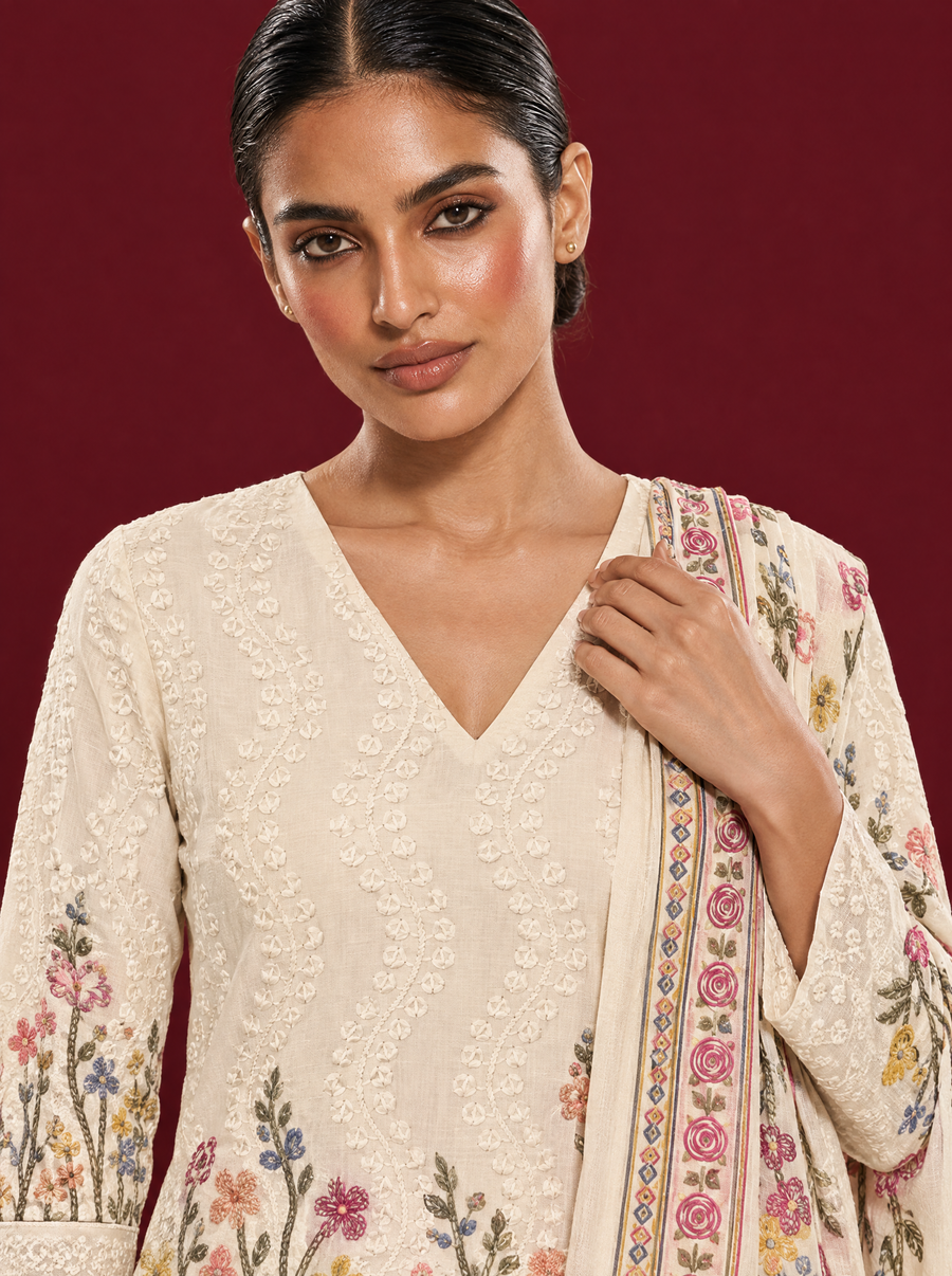 Sequin Embellished Floral Cotton Suit Set with Wide Leg Pants