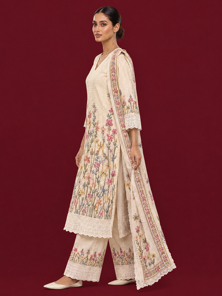 Sequin Embellished Floral Cotton Suit Set with Wide Leg Pants