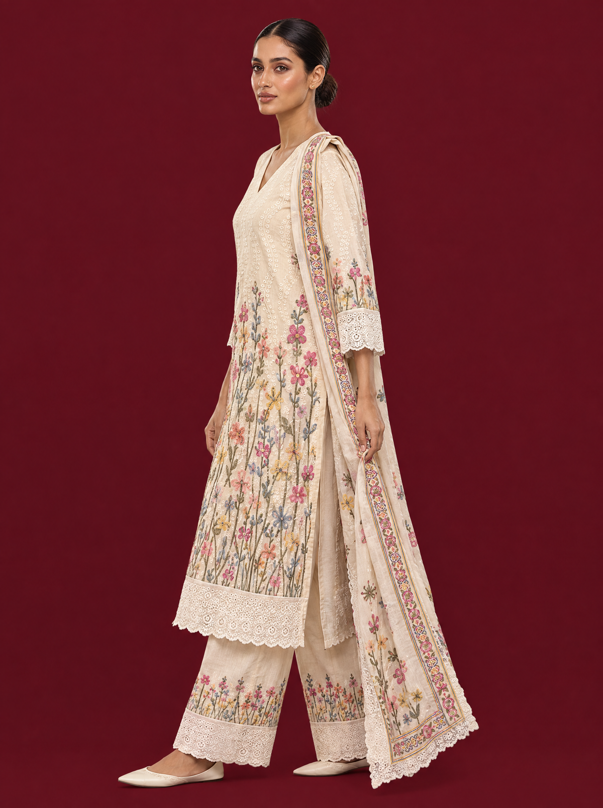 Sequin Embellished Floral Cotton Suit Set with Wide Leg Pants