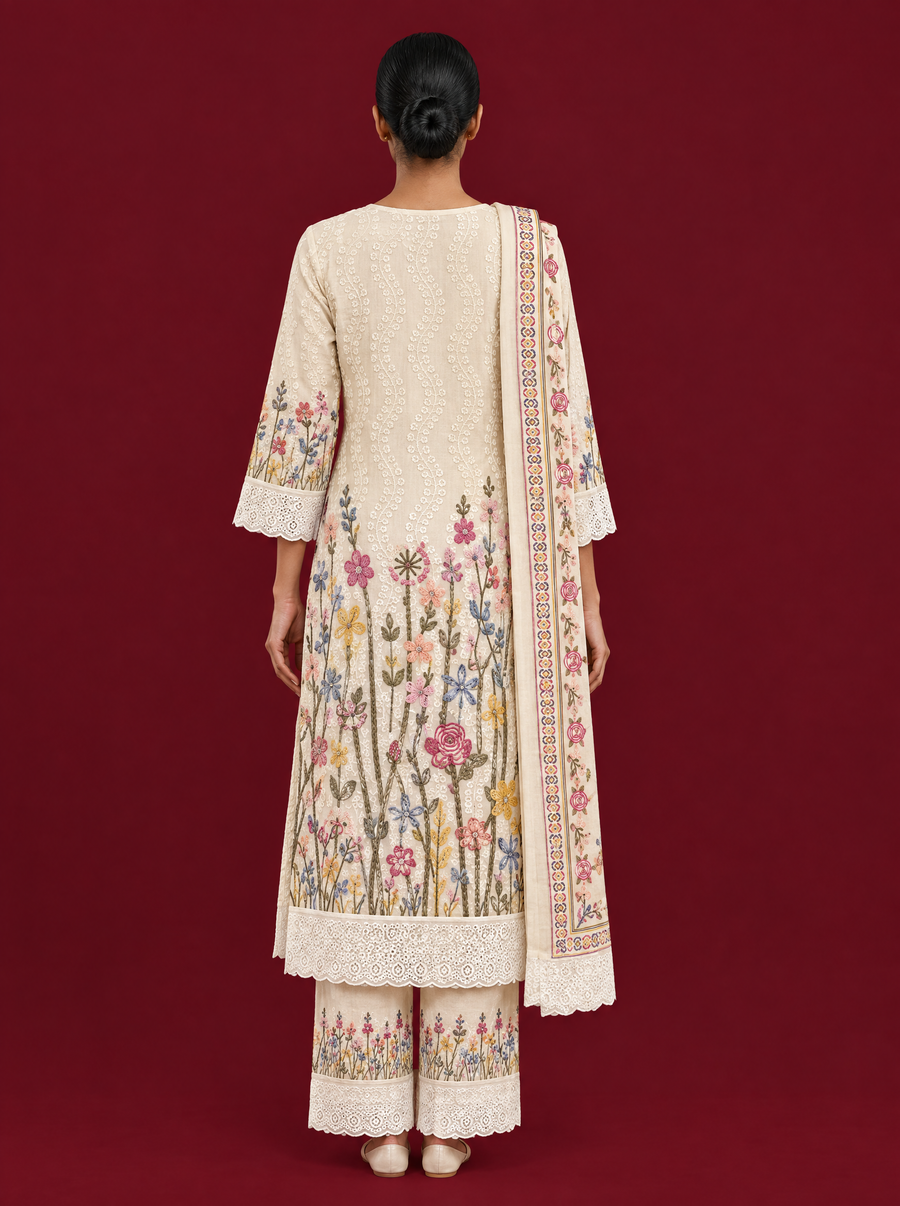 Sequin Embellished Floral Cotton Suit Set with Wide Leg Pants