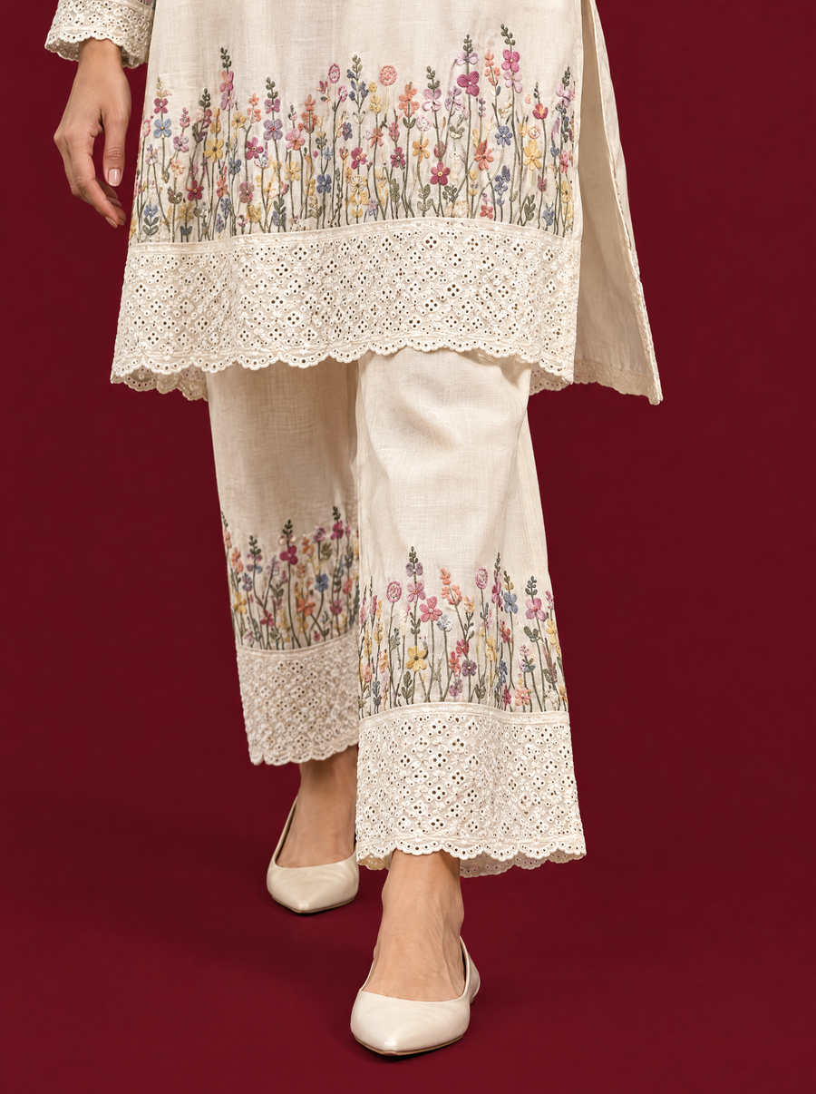 Sequin Embellished Floral Cotton Suit Set with Wide Leg Pants