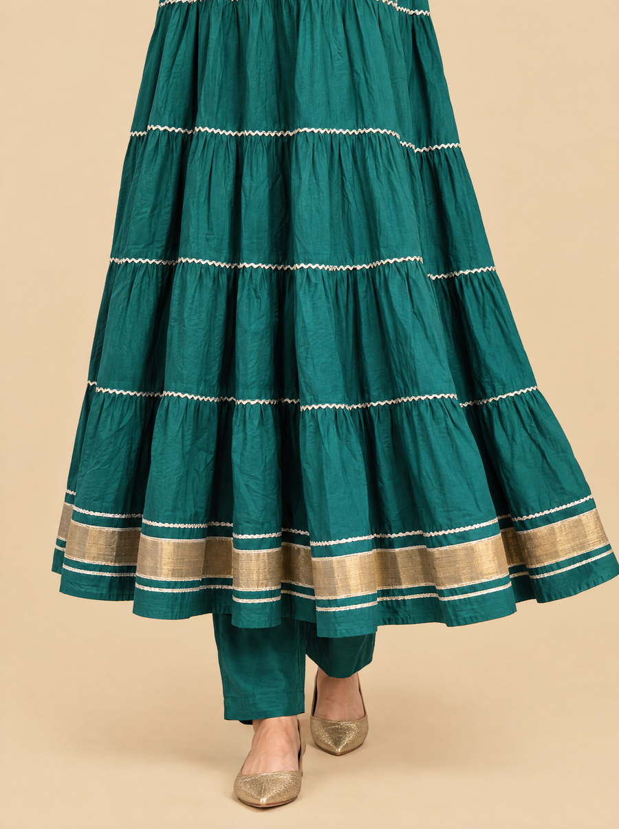Gota Work Tiered Rayon Kurta Set with Straight Pants and Dupatta
