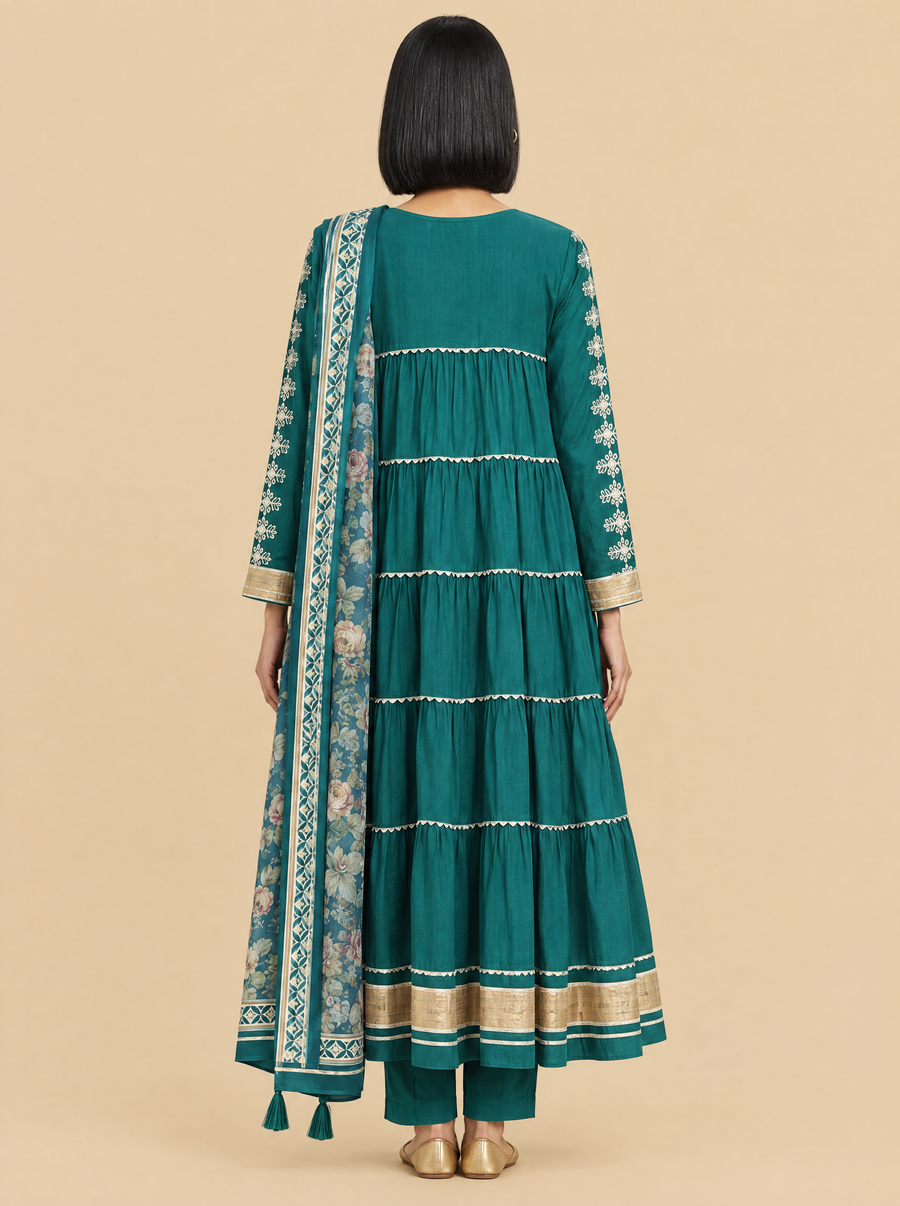 Gota Work Tiered Rayon Kurta Set with Straight Pants and Dupatta