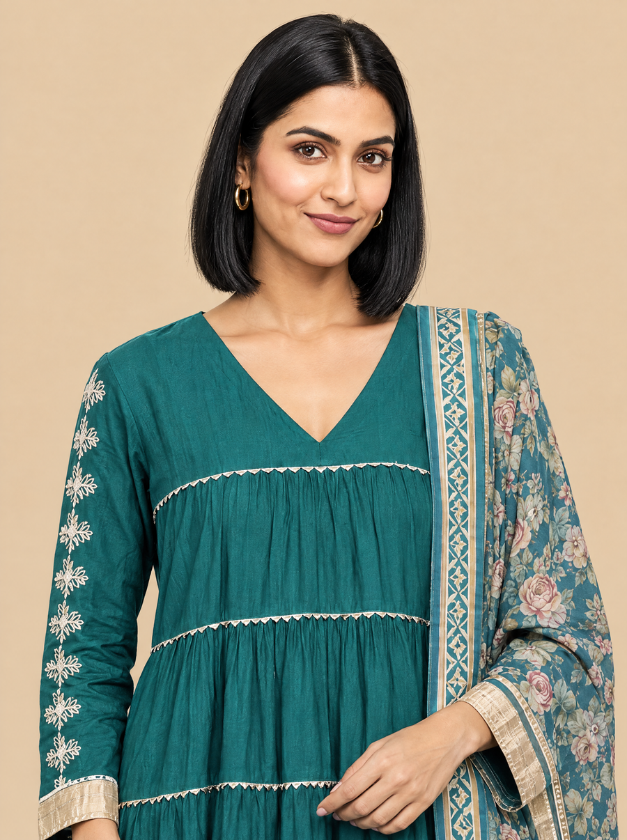 Gota Work Tiered Rayon Kurta Set with Straight Pants and Dupatta