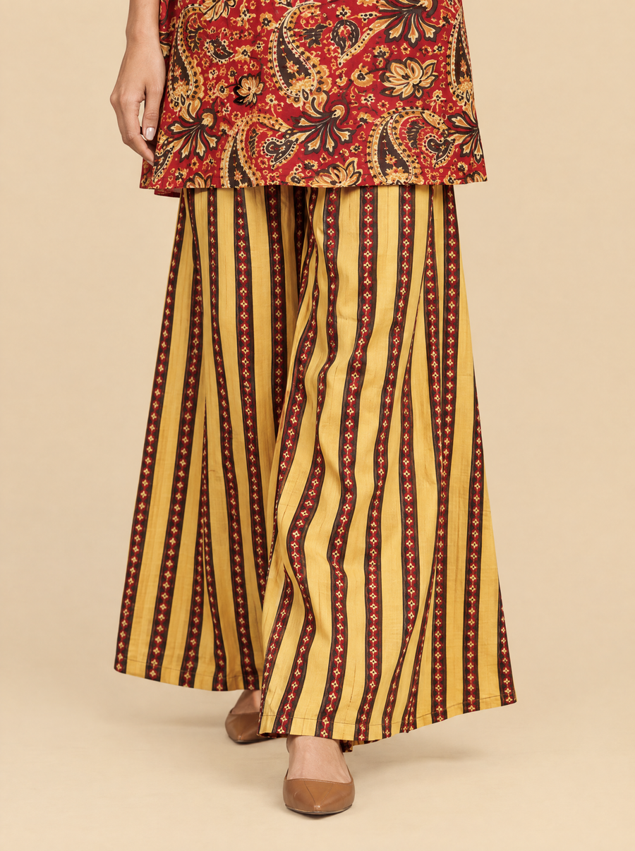 Sleeveless Printed Cotton Kurta Set with Striped Pants and Dupatta