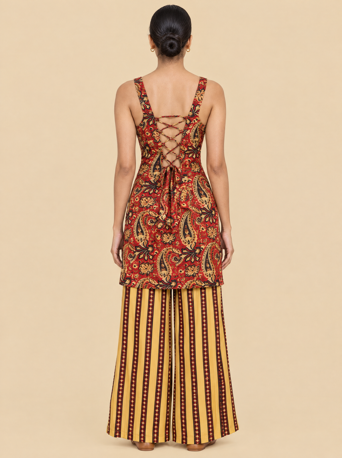 Sleeveless Printed Cotton Kurta Set with Striped Pants and Dupatta