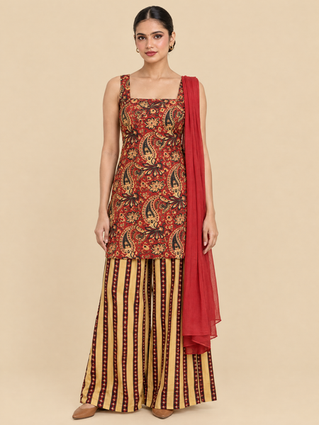 Sleeveless Printed Cotton Kurta Set with Striped Pants and Dupatta