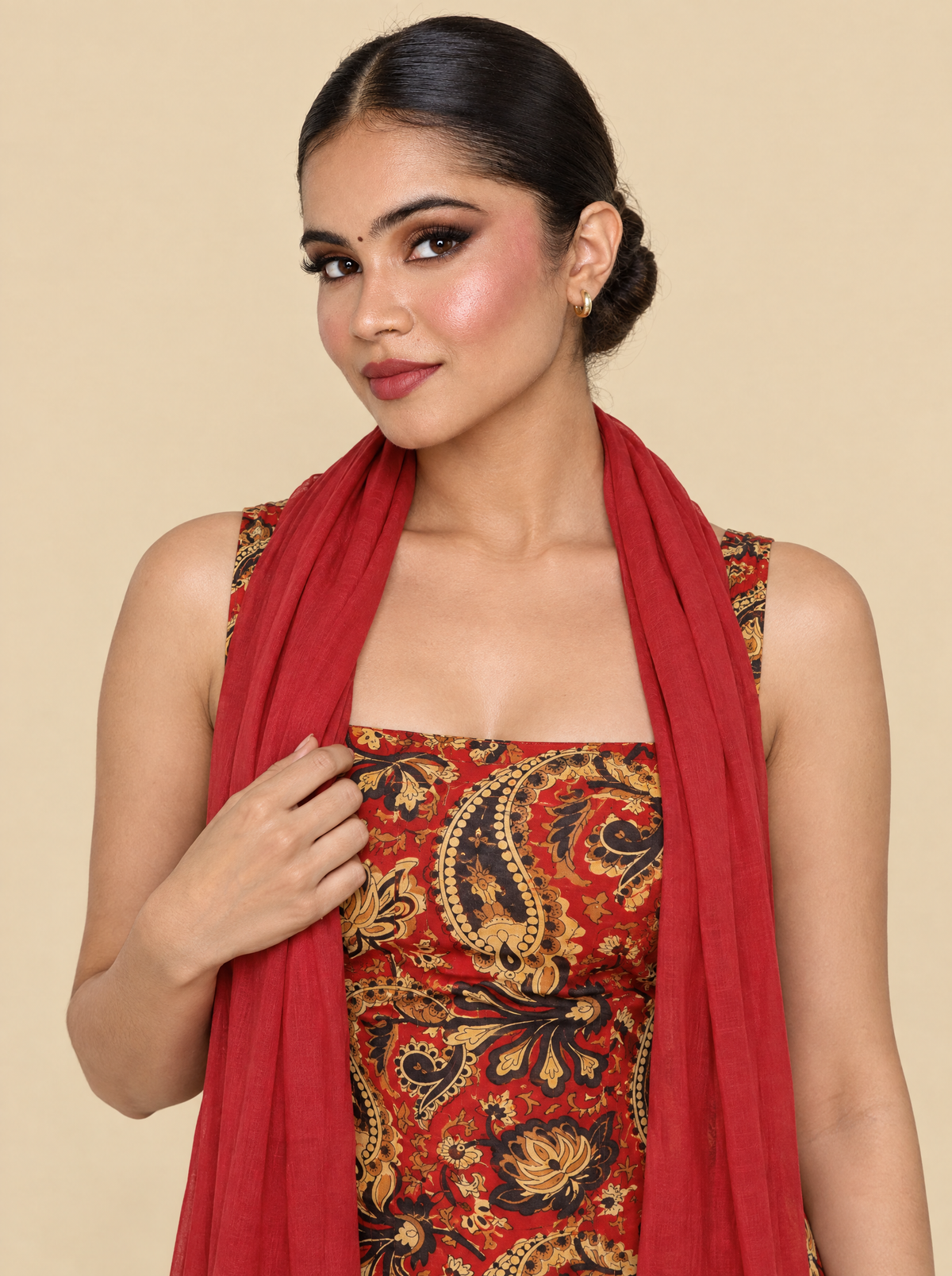 Sleeveless Printed Cotton Kurta Set with Striped Pants and Dupatta