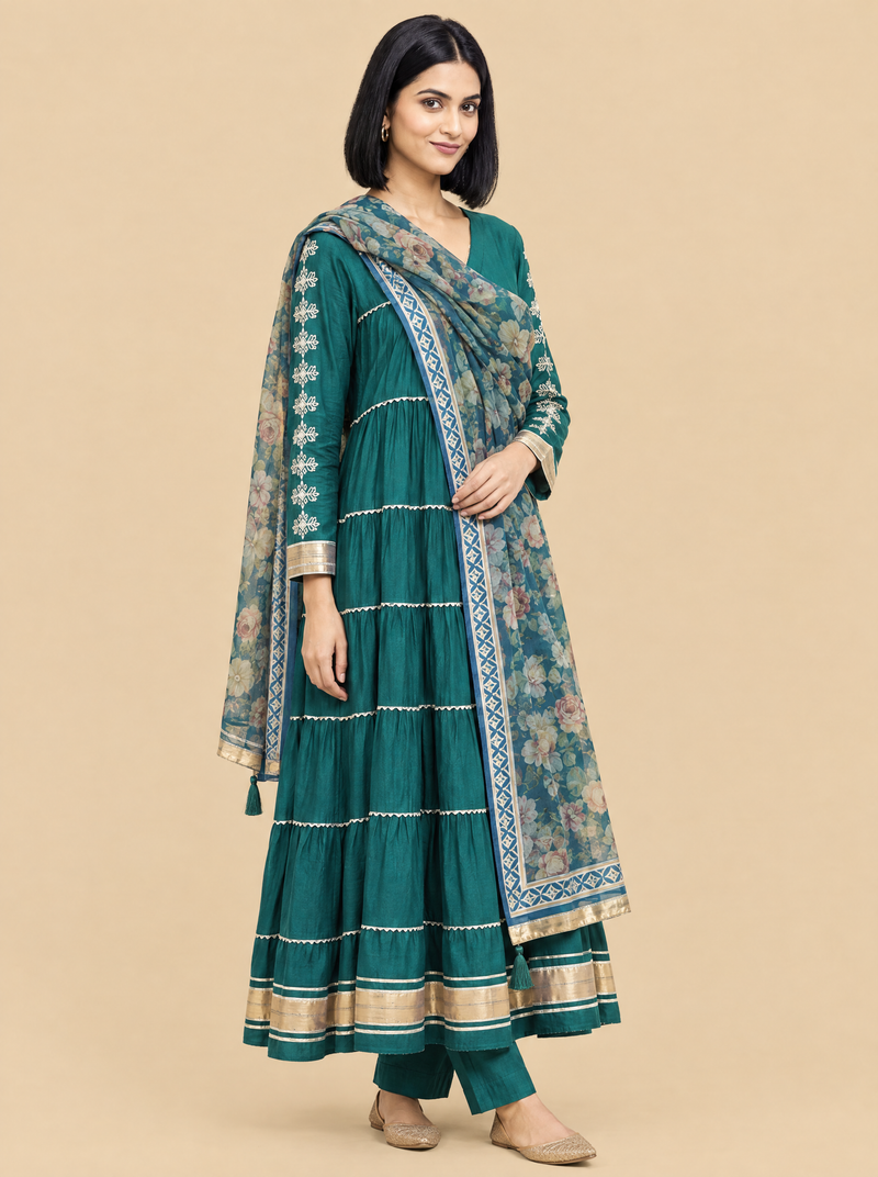 Gota Work Tiered Rayon Kurta Set with Straight Pants and Dupatta