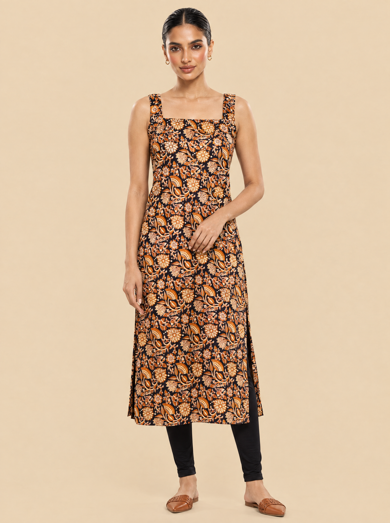 Floral Print Sleeveless Cotton A-Line Kurti