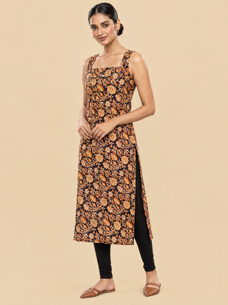 Floral Print Sleeveless Cotton A-Line Kurti
