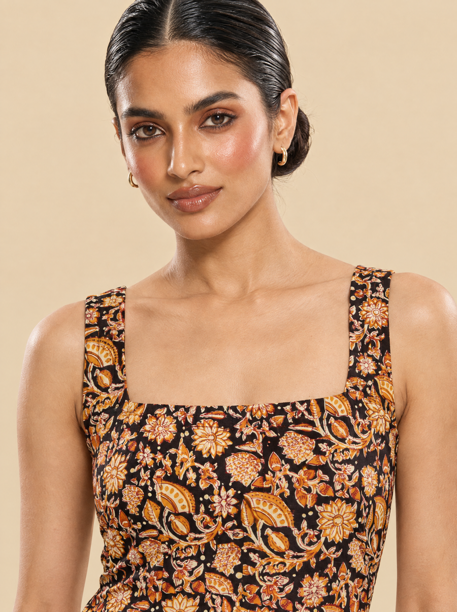 Floral Print Sleeveless Cotton A-Line Kurti