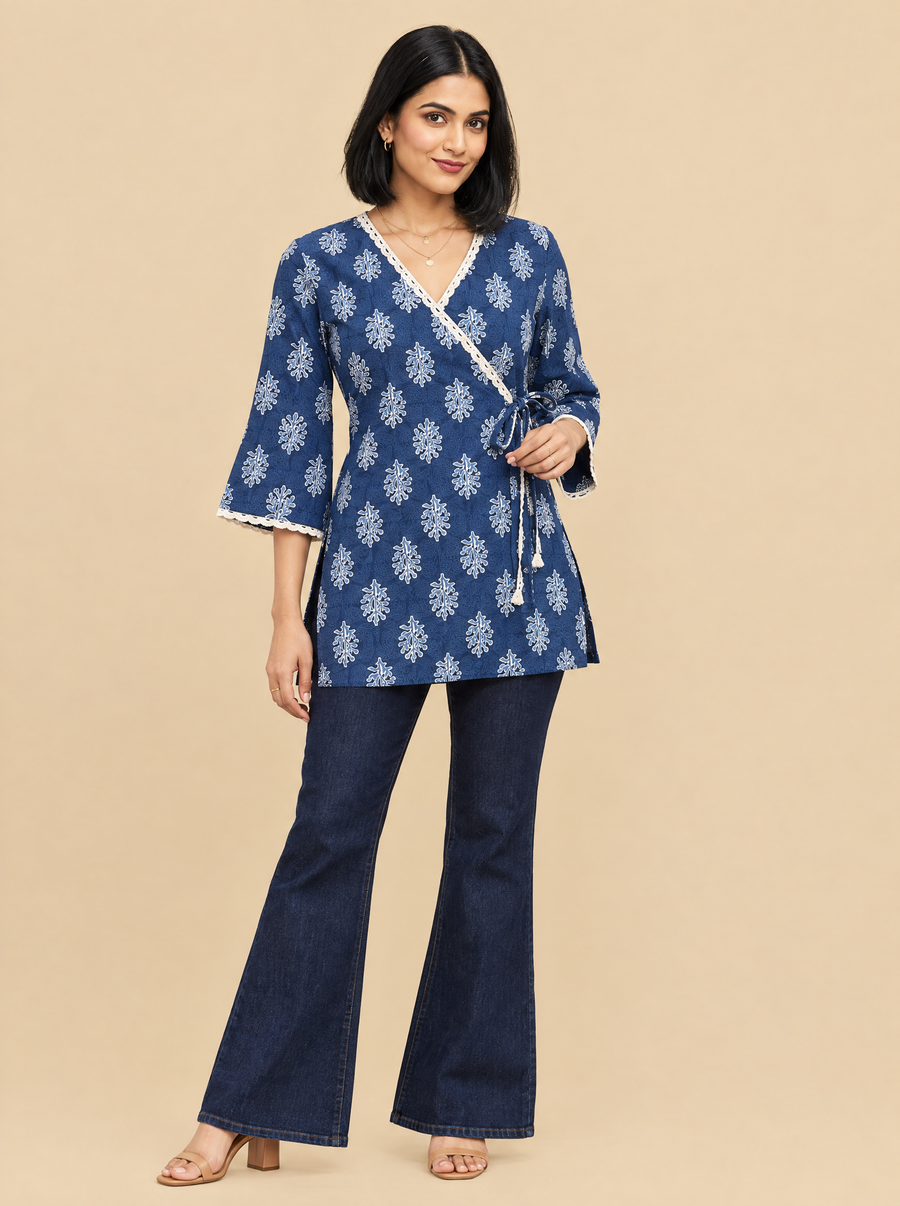 Indigo Floral Cotton Angrakha Style Top