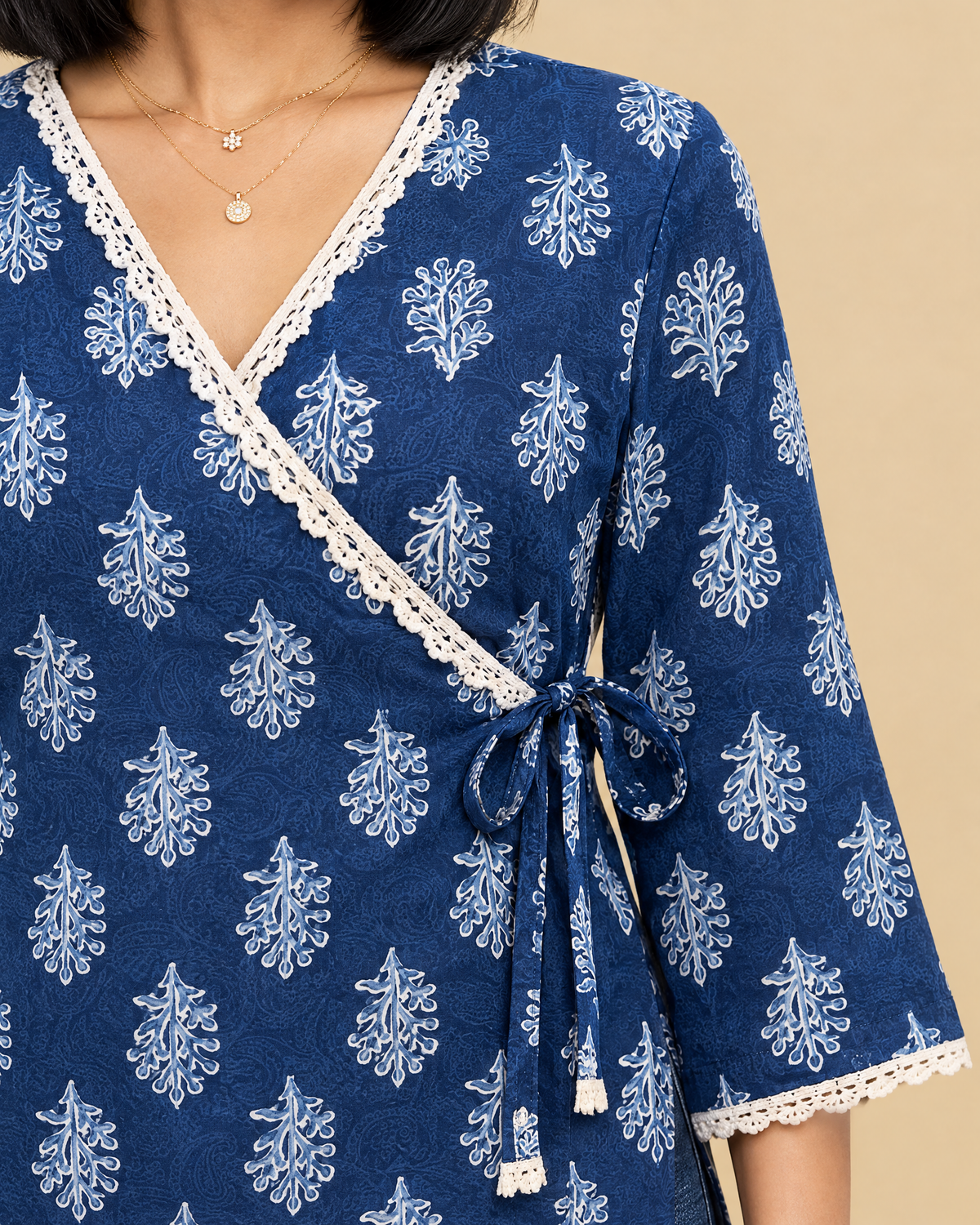 Indigo Floral Cotton Angrakha Style Top