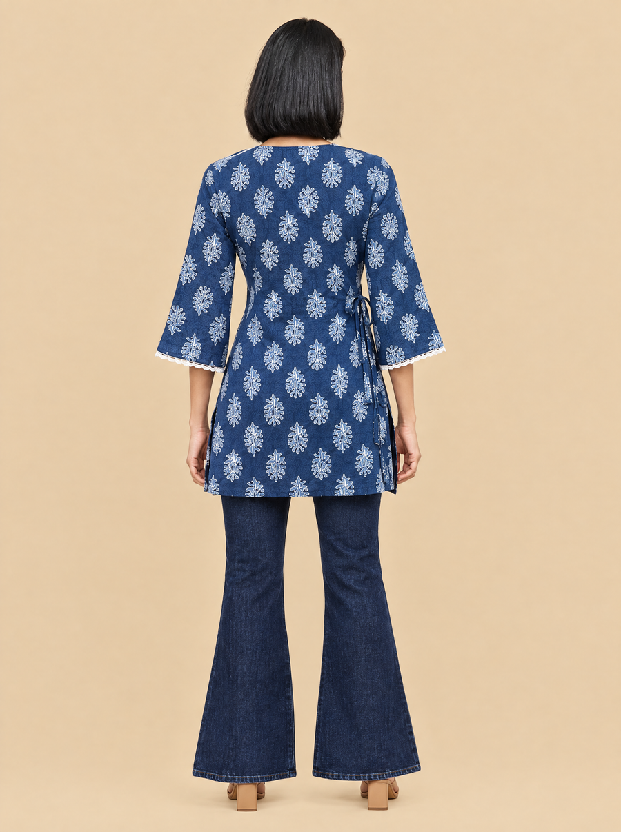 Indigo Floral Cotton Angrakha Style Top