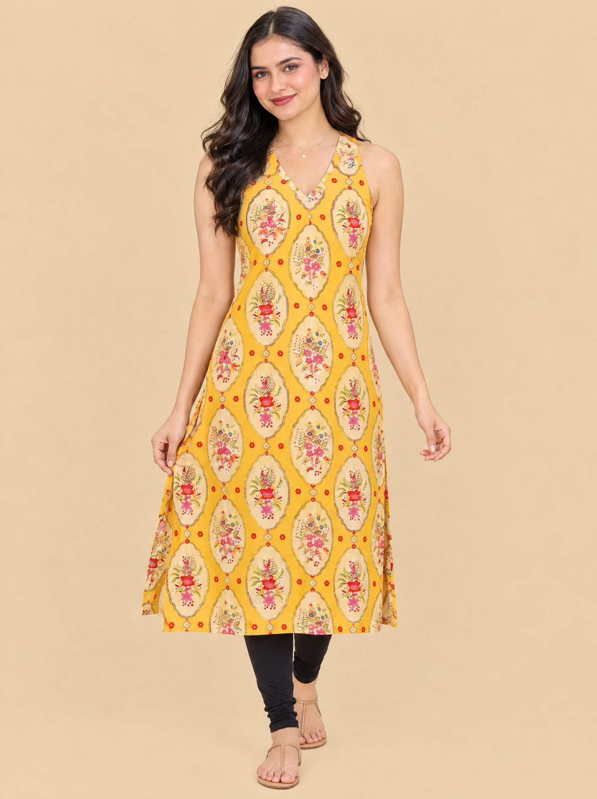 Yellow Floral Print Sleeveless Cotton Straight Kurti