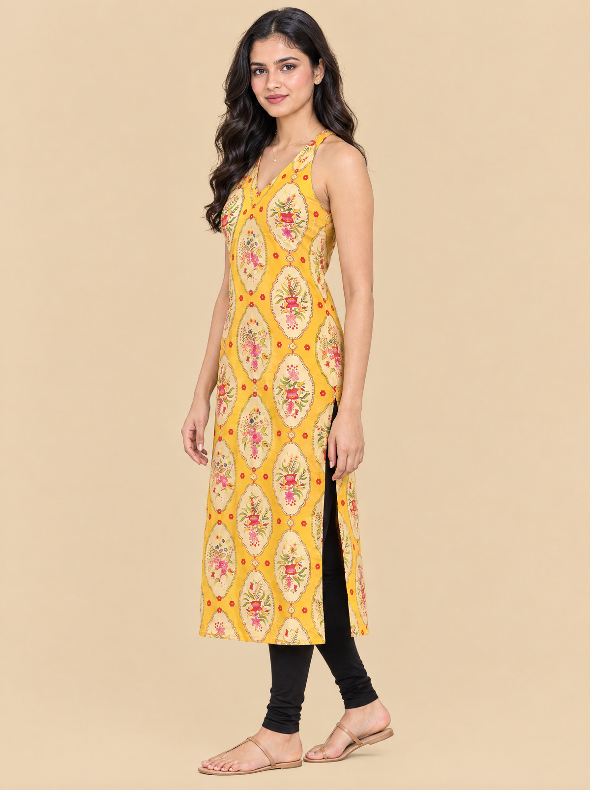 Yellow Floral Print Sleeveless Cotton Straight Kurti