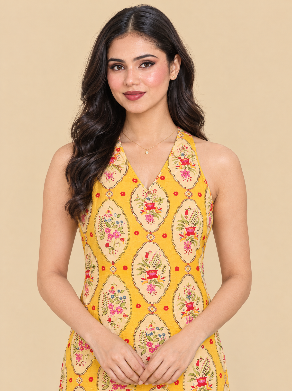 Yellow Floral Print Sleeveless Cotton Straight Kurti