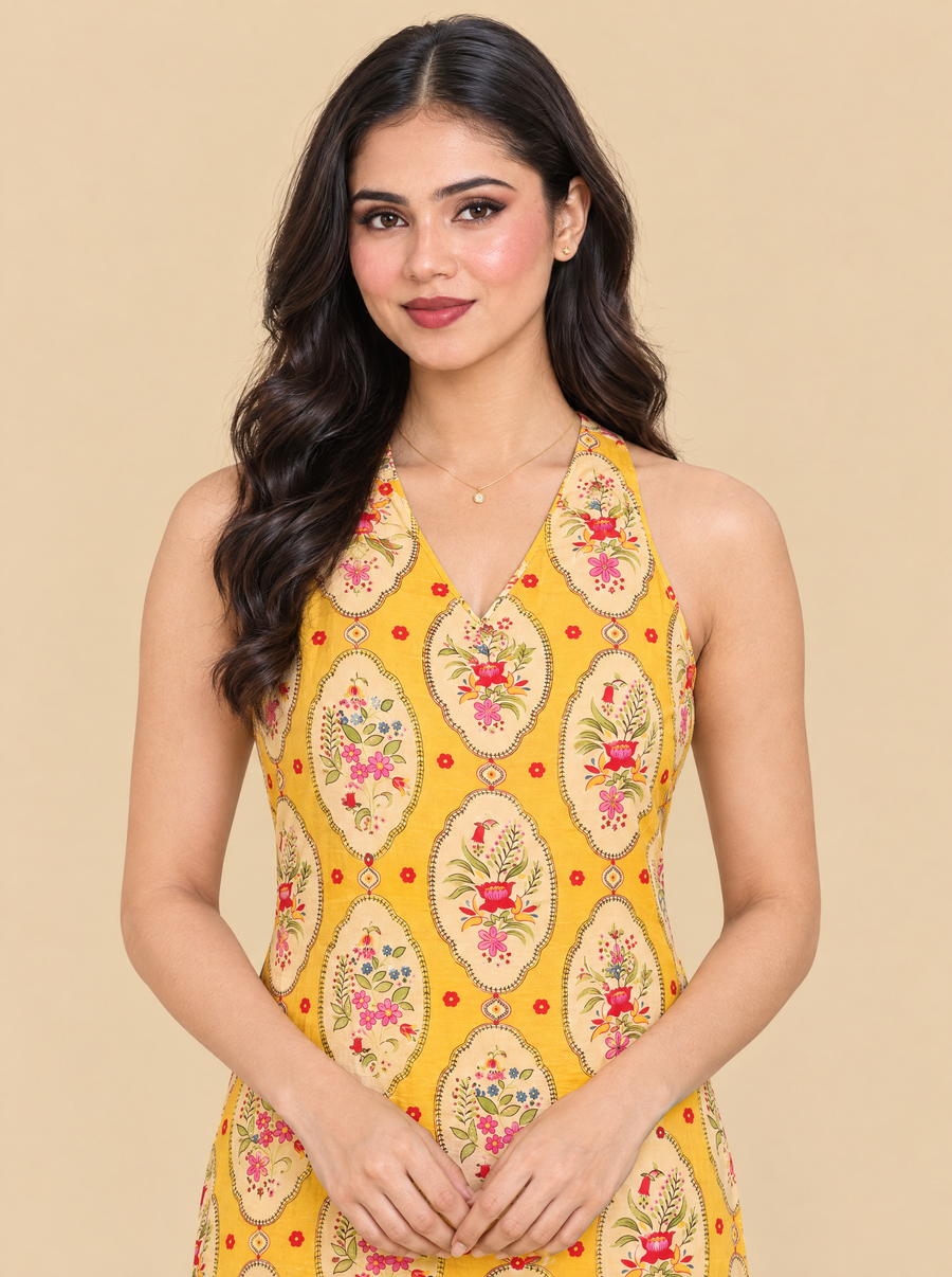 Yellow Floral Print Sleeveless Cotton Straight Kurti