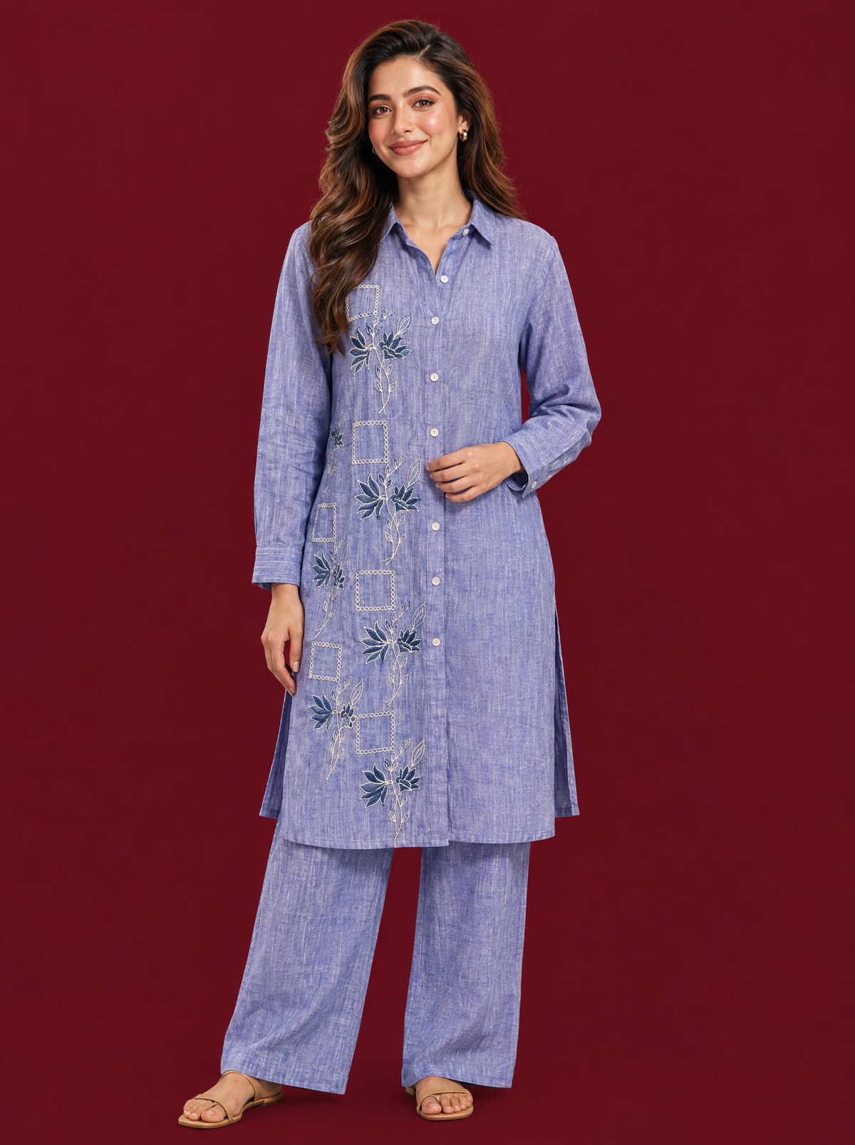 Yarn Dyed Blue Shirt Collar Kurta Set with Straight Pants
