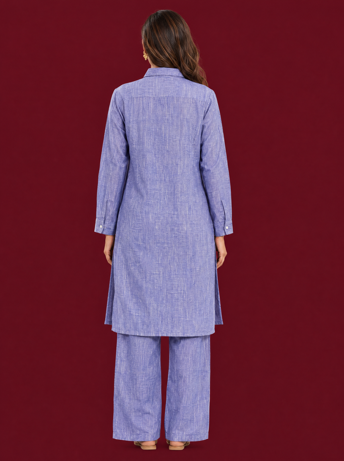 Yarn Dyed Blue Shirt Collar Kurta Set with Straight Pants