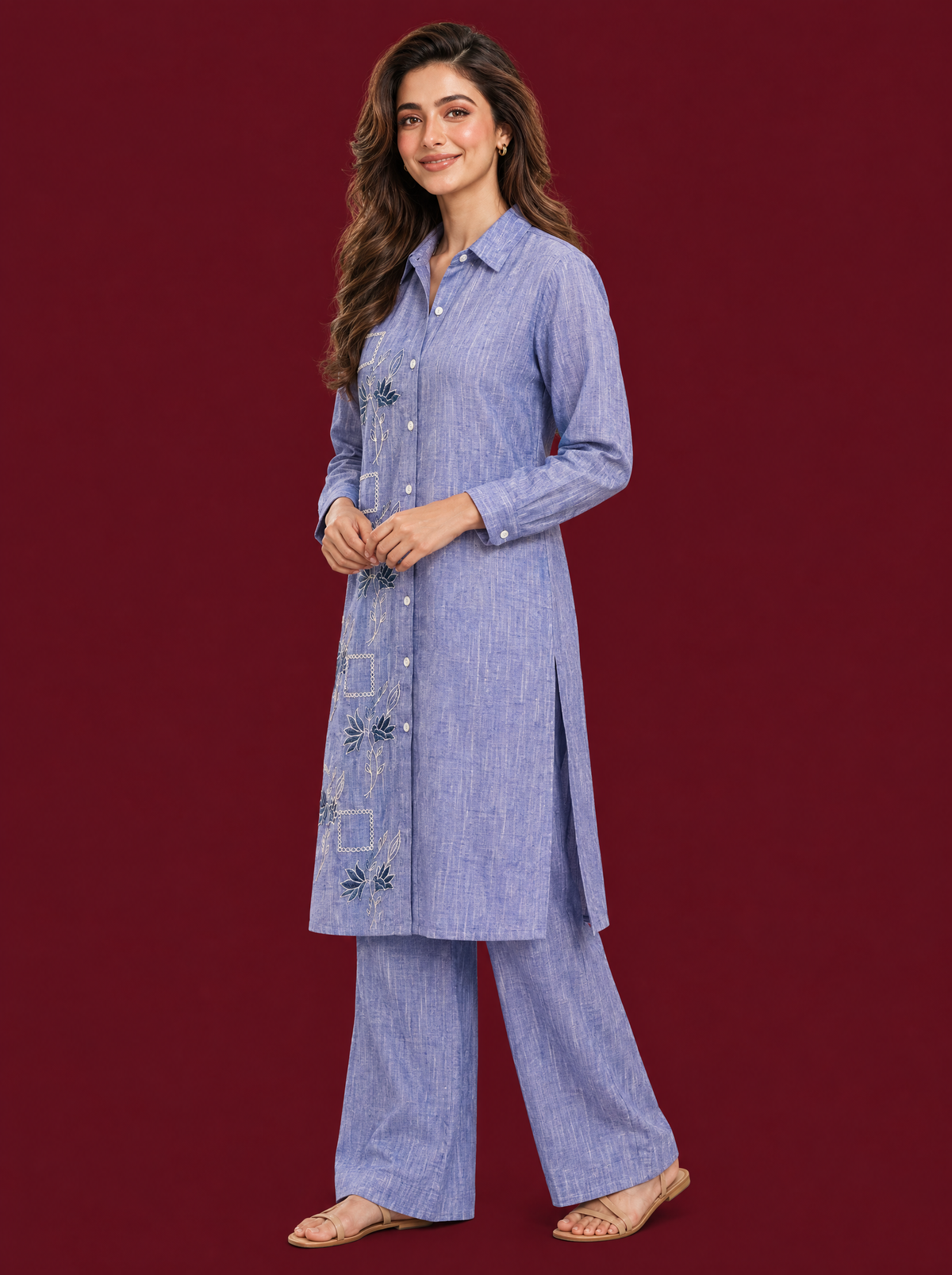 Yarn Dyed Blue Shirt Collar Kurta Set with Straight Pants