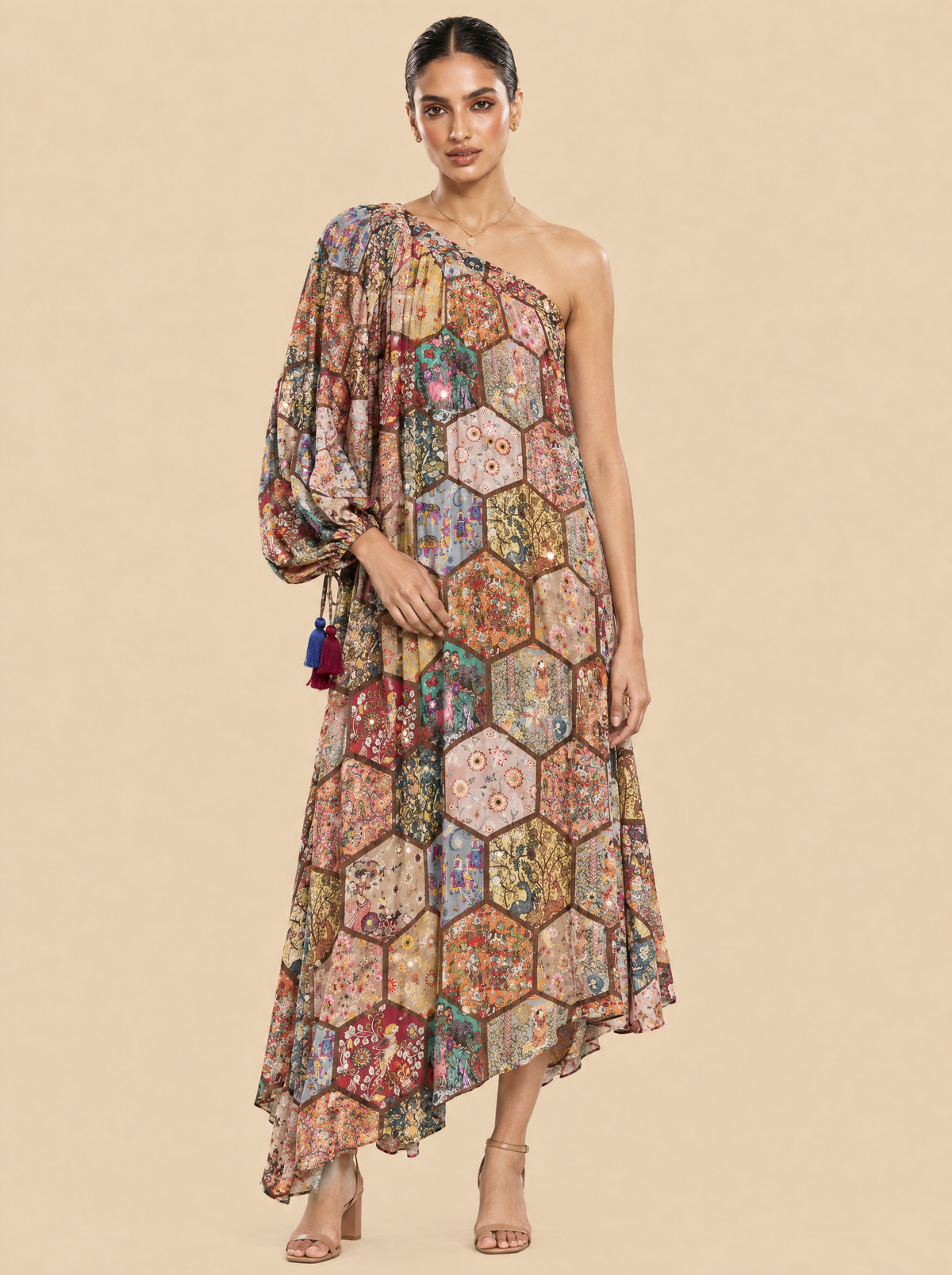 One Shoulder Mosaic Print Chinon Asymmetric Dress