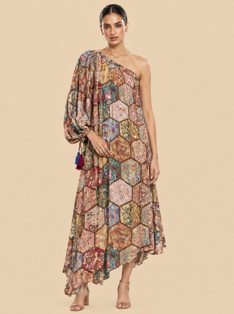 One Shoulder Mosaic Print Chinon Asymmetric Dress