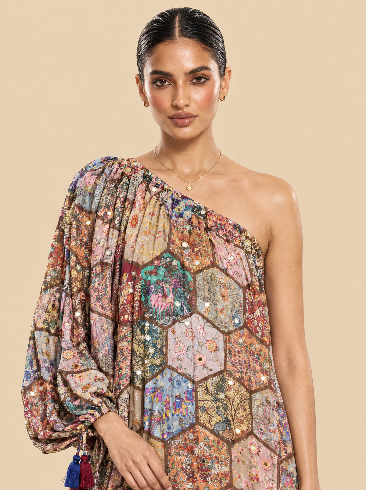 One Shoulder Mosaic Print Chinon Asymmetric Dress