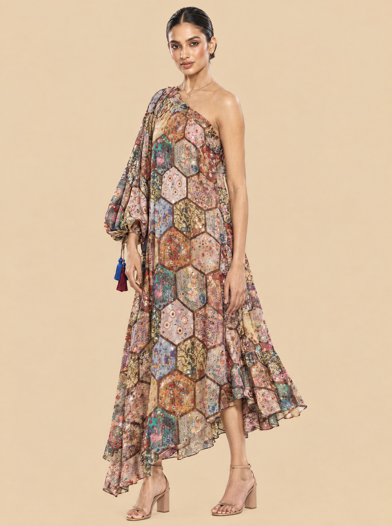 One Shoulder Mosaic Print Chinon Asymmetric Dress