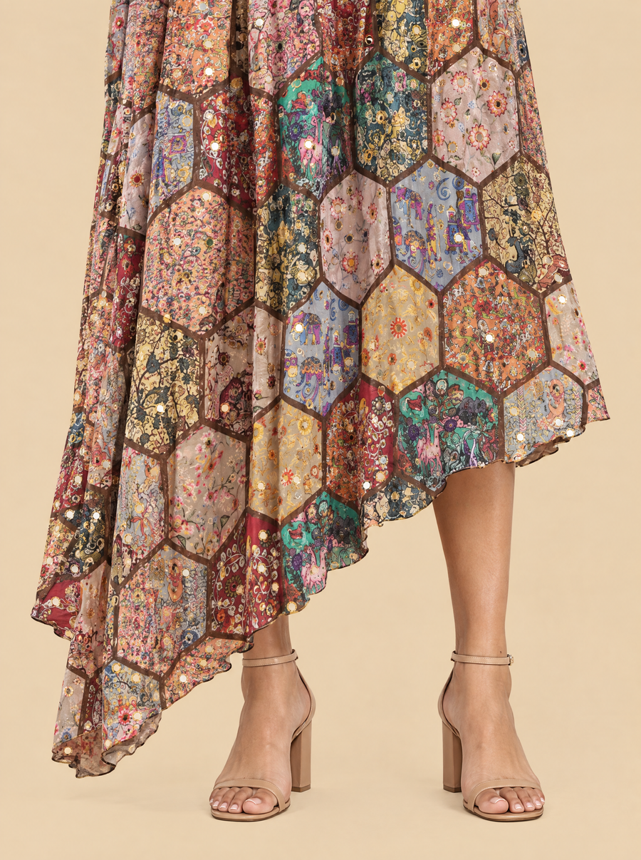 One Shoulder Mosaic Print Chinon Asymmetric Dress