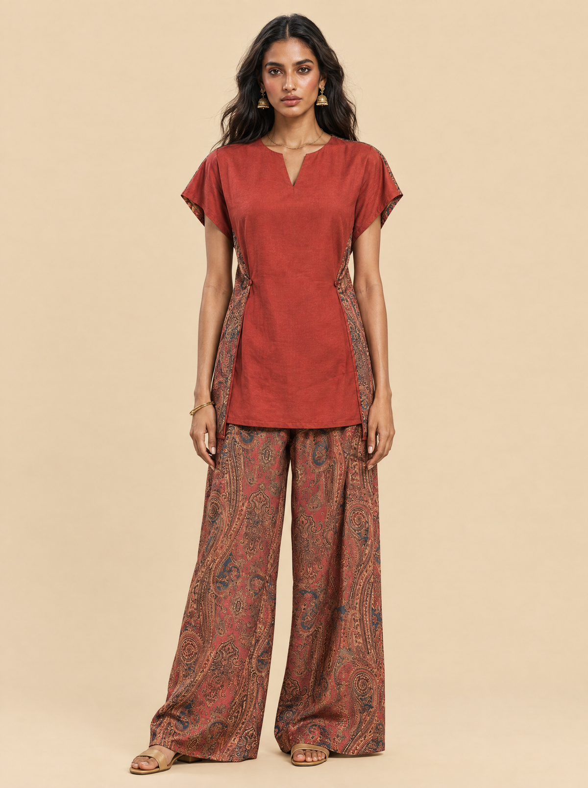 Paisley Print Rayon Cape Co-ord Set with Flared Pants