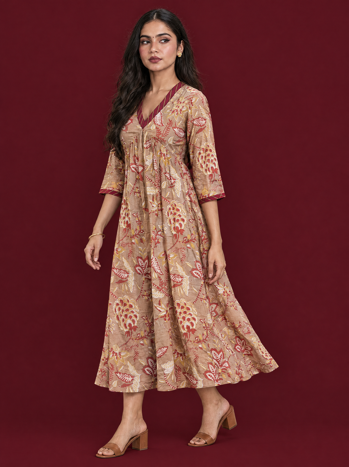 Floral Print Cotton Empire Waist Dress with 3/4 Sleeves
