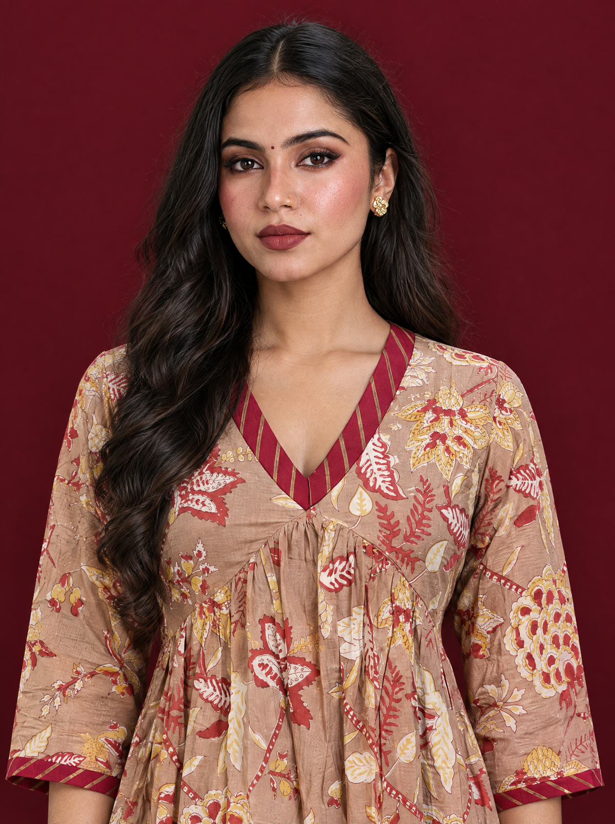 Floral Print Cotton Empire Waist Dress with 3/4 Sleeves